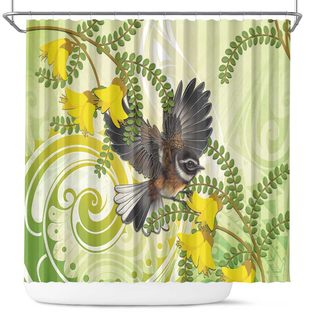 New Zealand Piwakawaka Fantail Bird Shower Curtain With Kowhai Flowers