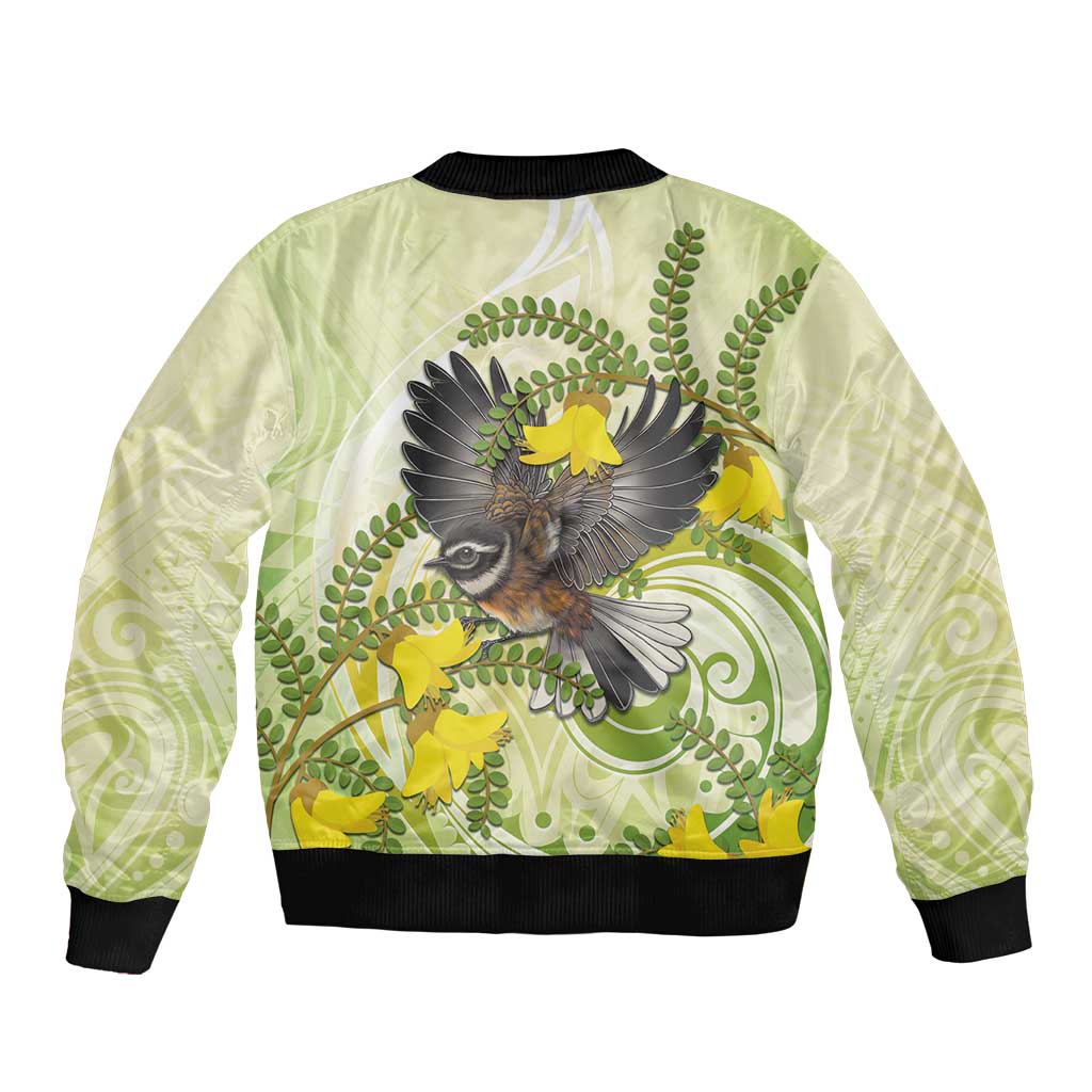 New Zealand Piwakawaka Fantail Bird Sleeve Zip Bomber Jacket With Kowhai Flowers