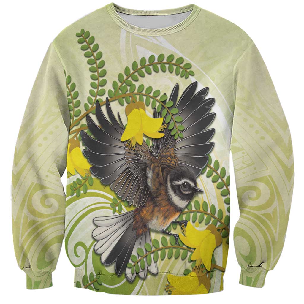 New Zealand Piwakawaka Fantail Bird Sweatshirt With Kowhai Flowers LT05 Unisex Green - Polynesian Pride