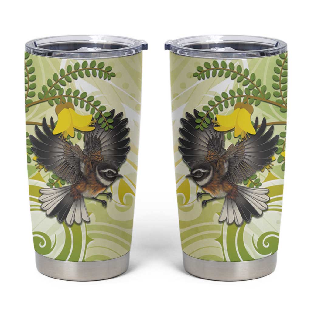 New Zealand Piwakawaka Fantail Bird Tumbler Cup With Kowhai Flowers