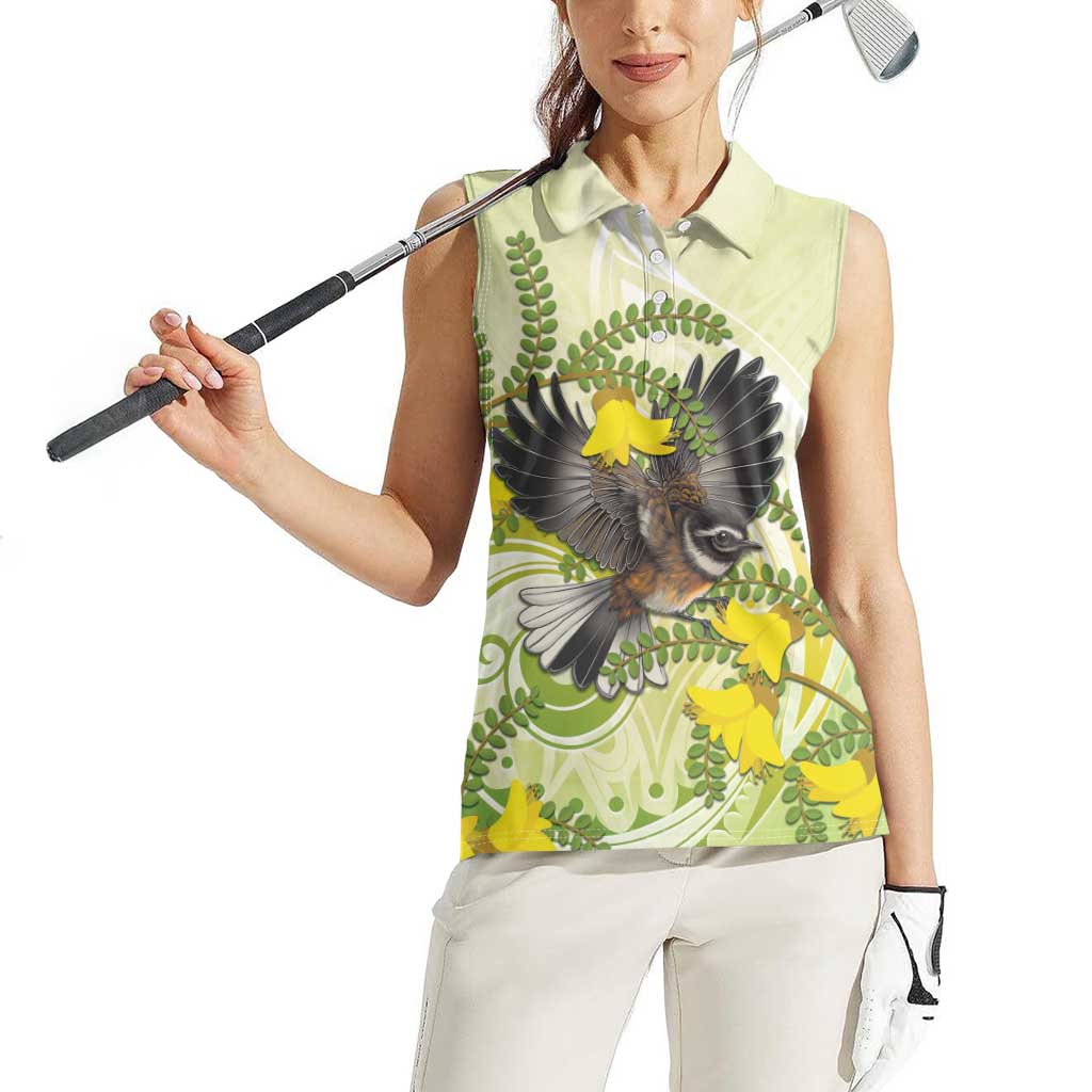 New Zealand Piwakawaka Fantail Bird Women Sleeveless Polo Shirt With Kowhai Flowers LT05 - Polynesian Pride