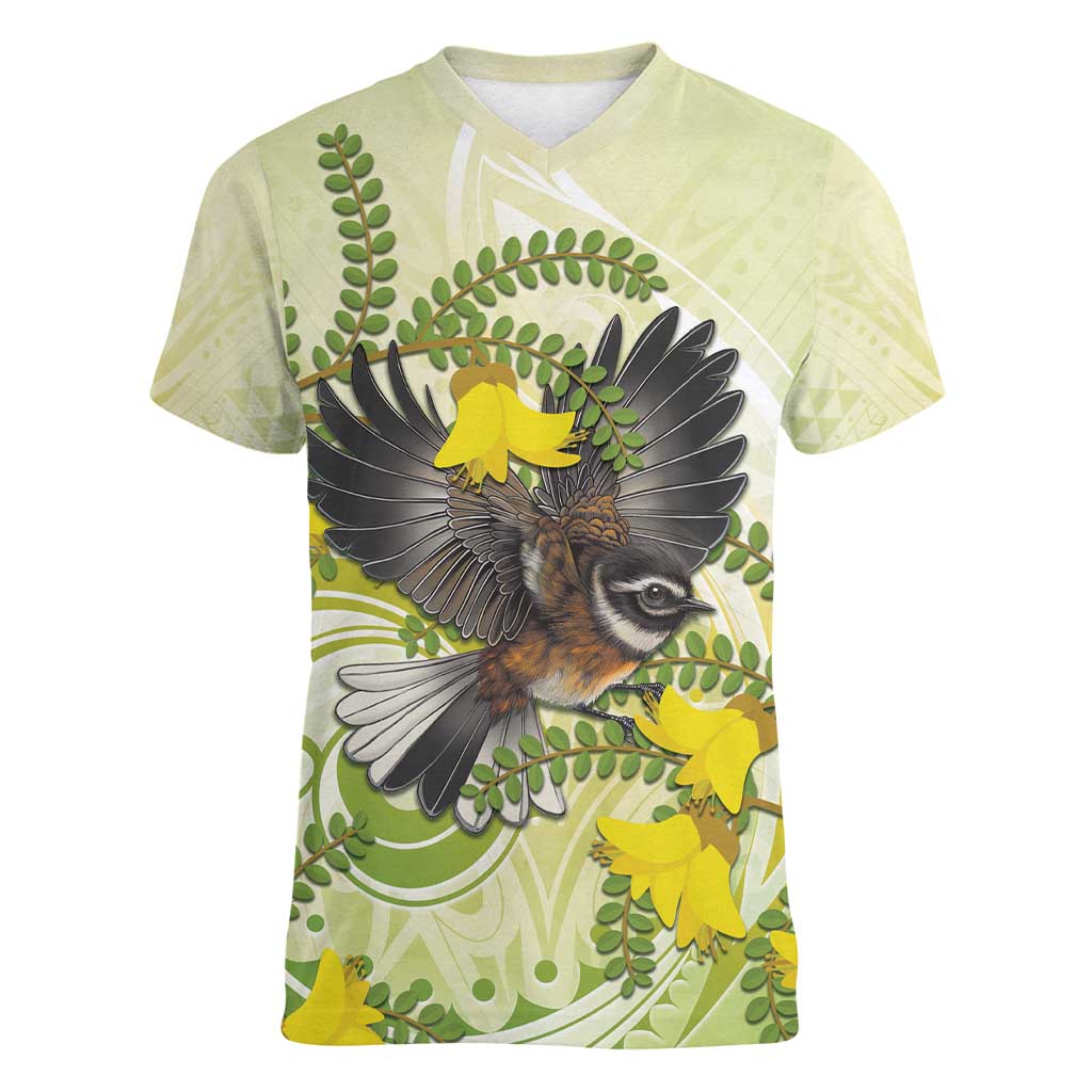 New Zealand Piwakawaka Fantail Bird Women V-Neck T-Shirt With Kowhai Flowers LT05 Female Green - Polynesian Pride