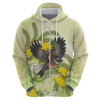New Zealand Piwakawaka Fantail Bird Zip Hoodie With Kowhai Flowers