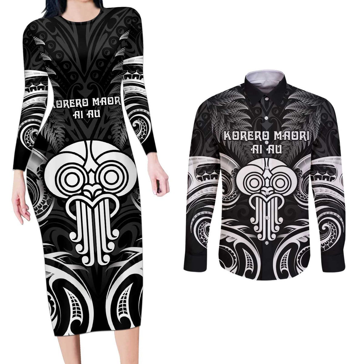 New Zealand Te Reo Maori Couples Matching Long Sleeve Bodycon Dress and Long Sleeve Button Shirt Korero Maori Ai Au LT05 Black - Polynesian Pride