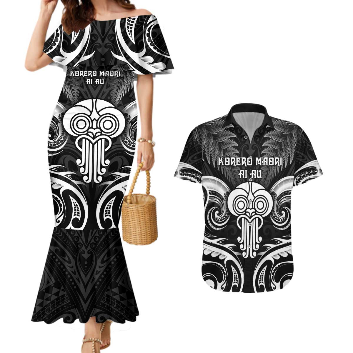 New Zealand Te Reo Maori Couples Matching Mermaid Dress and Hawaiian Shirt Korero Maori Ai Au