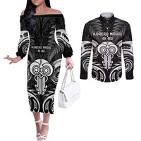 New Zealand Te Reo Maori Couples Matching Off The Shoulder Long Sleeve Dress and Long Sleeve Button Shirt Korero Maori Ai Au LT05 Black - Polynesian Pride