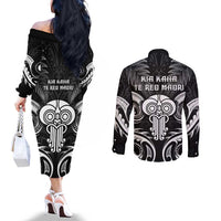 New Zealand Te Reo Maori Couples Matching Off The Shoulder Long Sleeve Dress and Long Sleeve Button Shirt Korero Maori Ai Au LT05 - Polynesian Pride