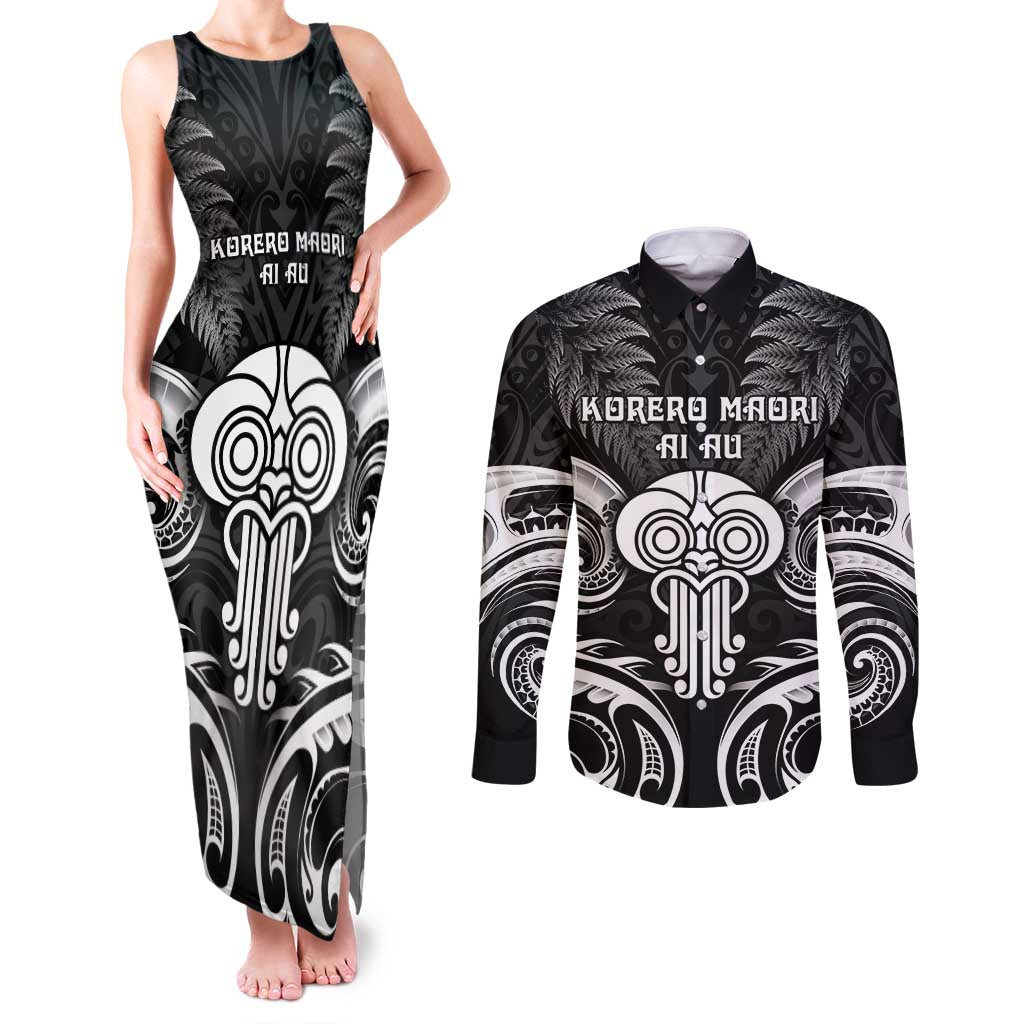 New Zealand Te Reo Maori Couples Matching Tank Maxi Dress and Long Sleeve Button Shirt Korero Maori Ai Au LT05 Black - Polynesian Pride