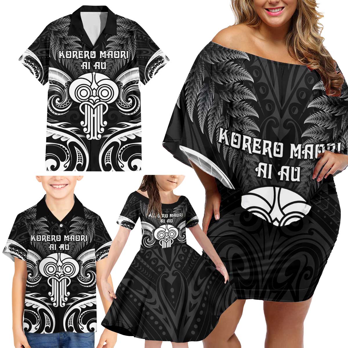 New Zealand Te Reo Maori Family Matching Off Shoulder Short Dress and Hawaiian Shirt Korero Maori Ai Au LT05 - Polynesian Pride