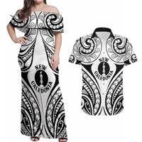 New Caledonia Day Couples Matching Off Shoulder Maxi Dress and Hawaiian Shirt Polynesian Curves White Color - Polynesian Pride
