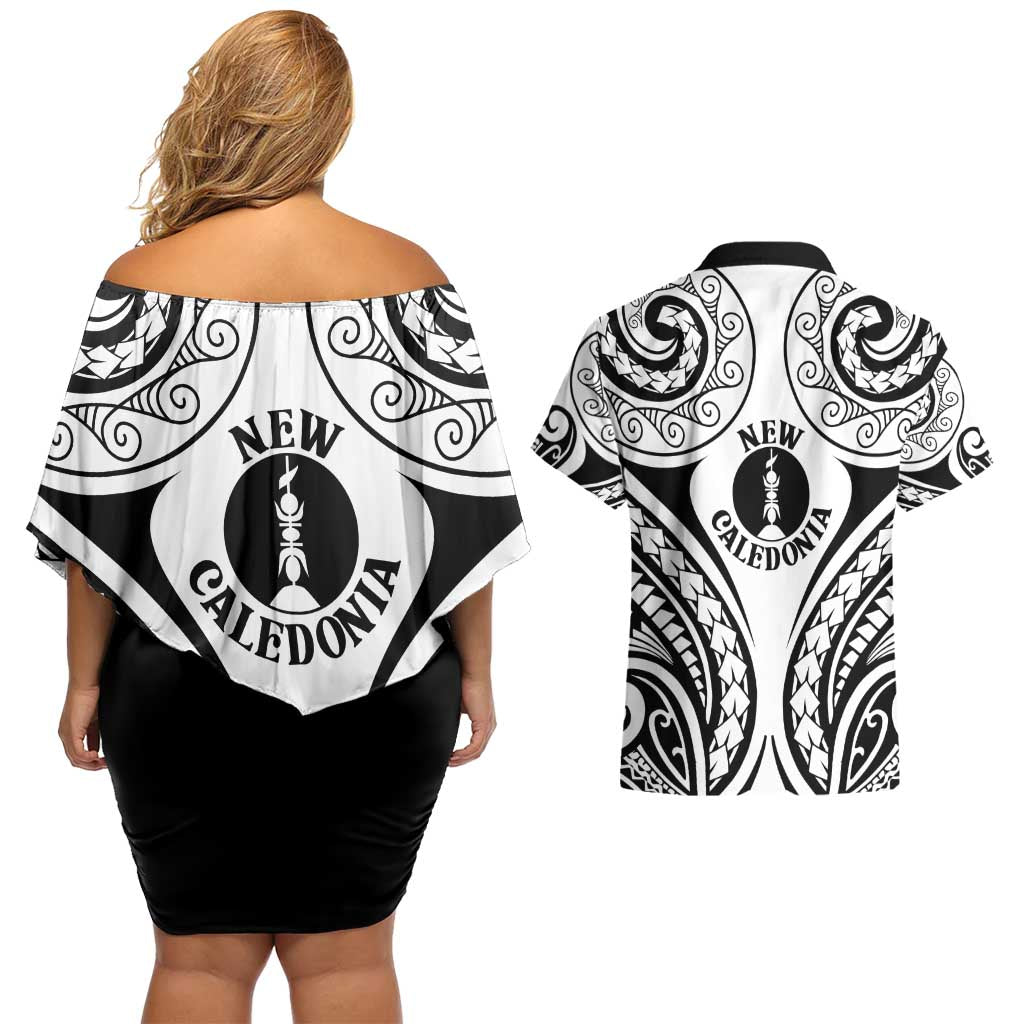 New Caledonia Day Couples Matching Off Shoulder Short Dress and Hawaiian Shirt Polynesian Curves White Color - Polynesian Pride