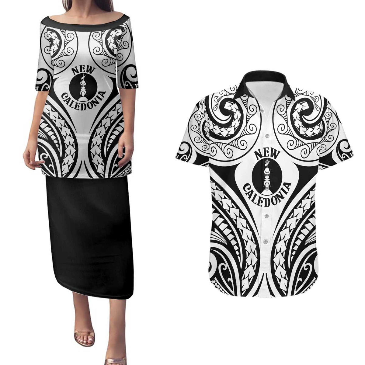 New Caledonia Day Couples Matching Puletasi and Hawaiian Shirt Polynesian Curves White Color LT05 White - Polynesian Pride