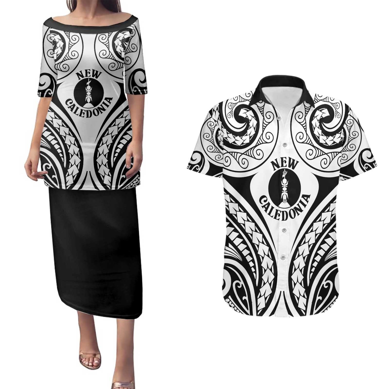 New Caledonia Day Couples Matching Puletasi and Hawaiian Shirt Polynesian Curves White Color - Polynesian Pride