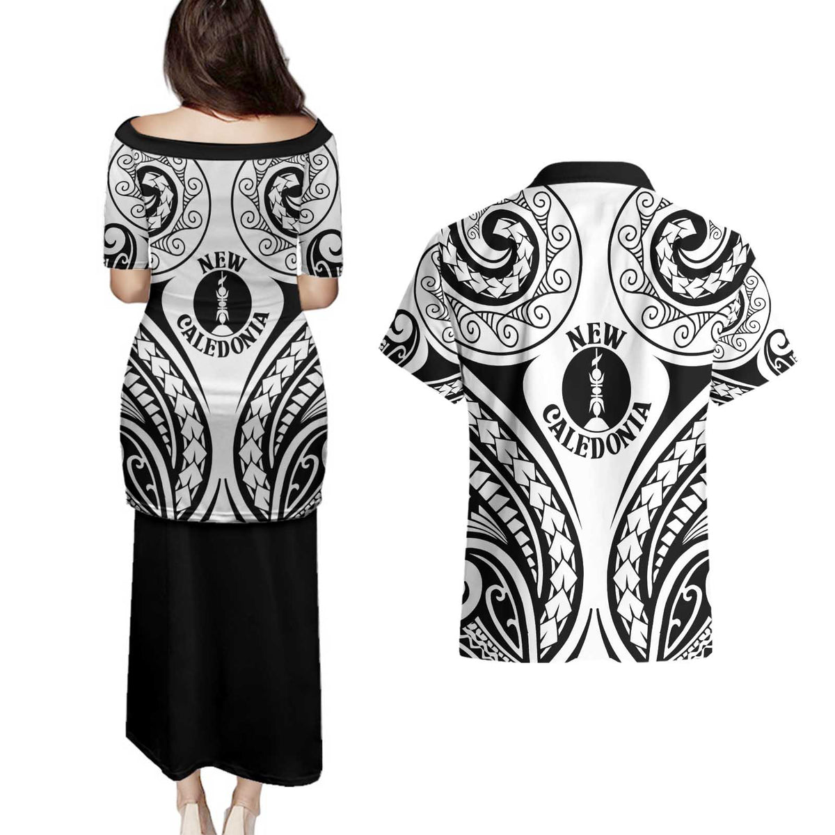New Caledonia Day Couples Matching Puletasi and Hawaiian Shirt Polynesian Curves White Color LT05 - Polynesian Pride