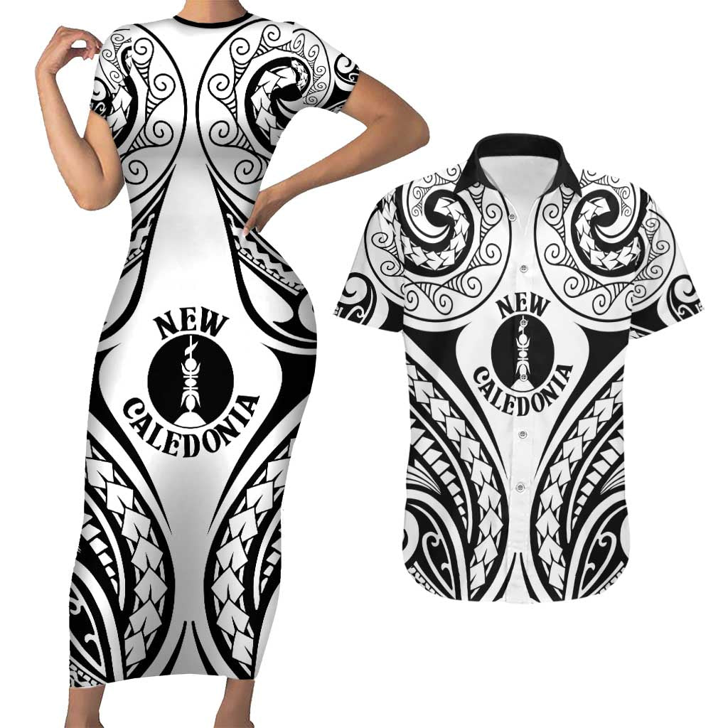 New Caledonia Day Couples Matching Short Sleeve Bodycon Dress and Hawaiian Shirt Polynesian Curves White Color - Polynesian Pride