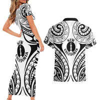 New Caledonia Day Couples Matching Short Sleeve Bodycon Dress and Hawaiian Shirt Polynesian Curves White Color - Polynesian Pride