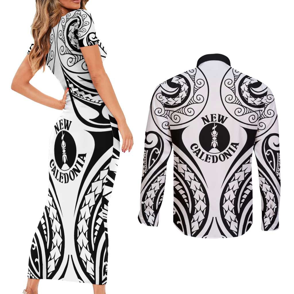 New Caledonia Day Couples Matching Short Sleeve Bodycon Dress and Long Sleeve Button Shirt Polynesian Curves White Color - Polynesian Pride