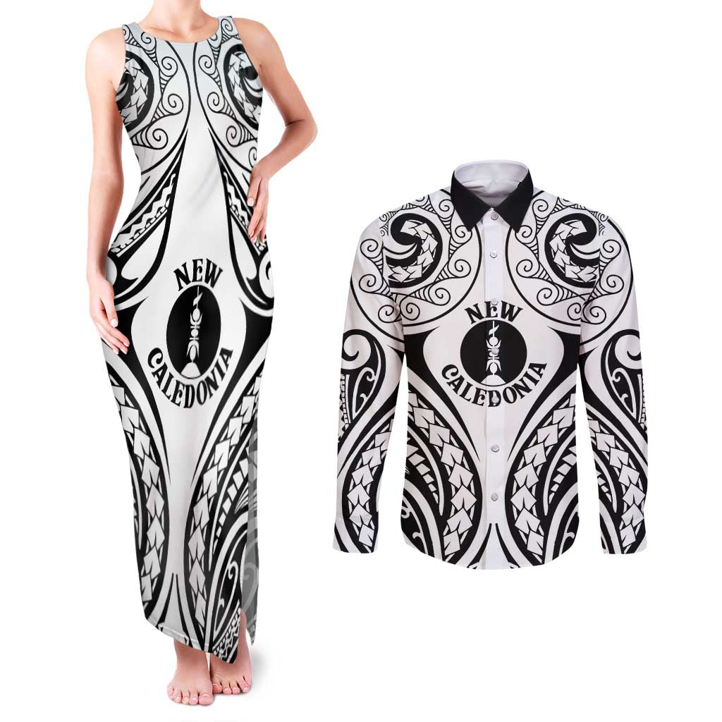 New Caledonia Day Couples Matching Tank Maxi Dress and Long Sleeve Button Shirt Polynesian Curves White Color - Polynesian Pride