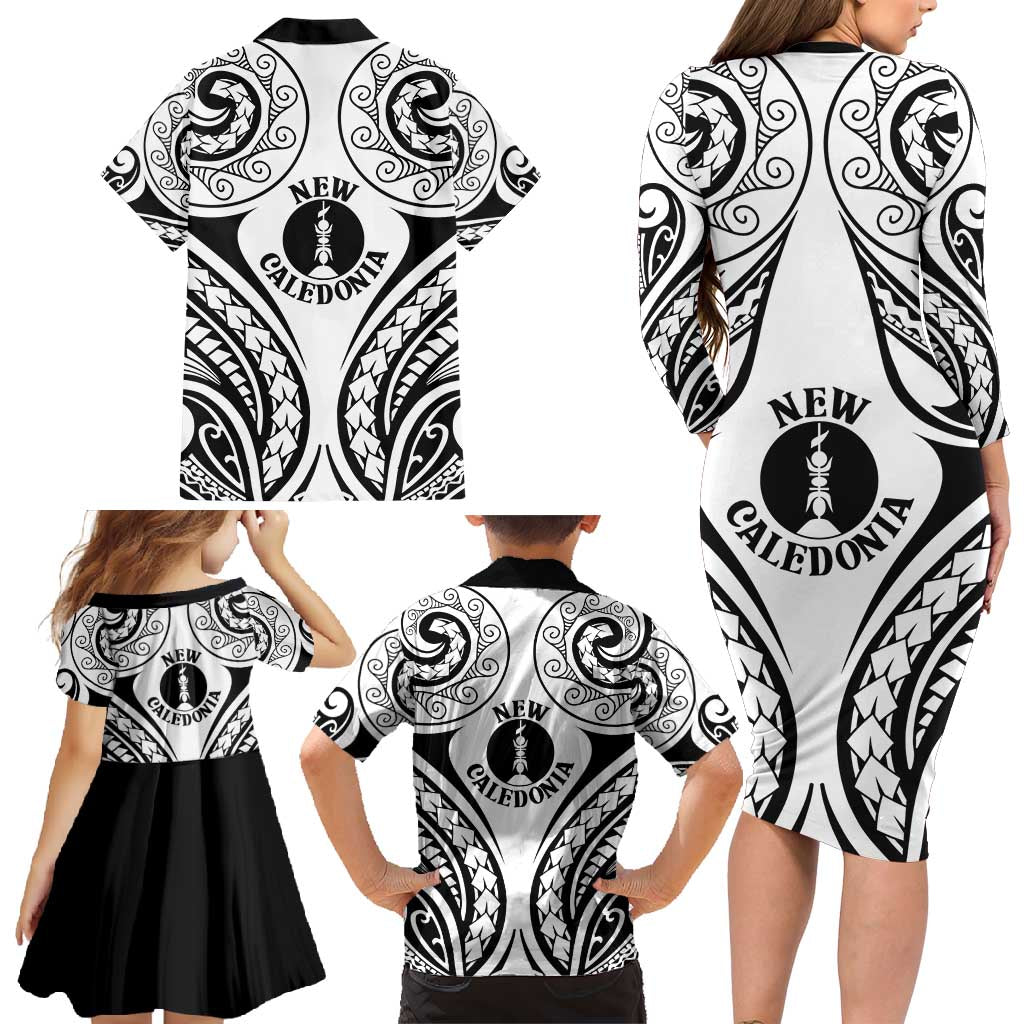 New Caledonia Day Family Matching Long Sleeve Bodycon Dress and Hawaiian Shirt Polynesian Curves White Color - Polynesian Pride