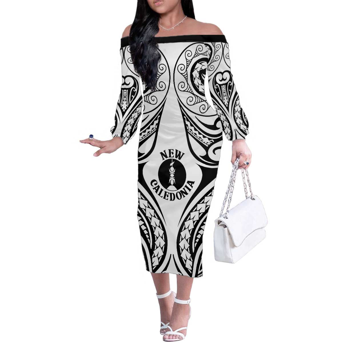 New Caledonia Day Family Matching Off The Shoulder Long Sleeve Dress and Hawaiian Shirt Polynesian Curves White Color - Polynesian Pride