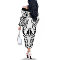 New Caledonia Day Family Matching Off The Shoulder Long Sleeve Dress and Hawaiian Shirt Polynesian Curves White Color - Polynesian Pride