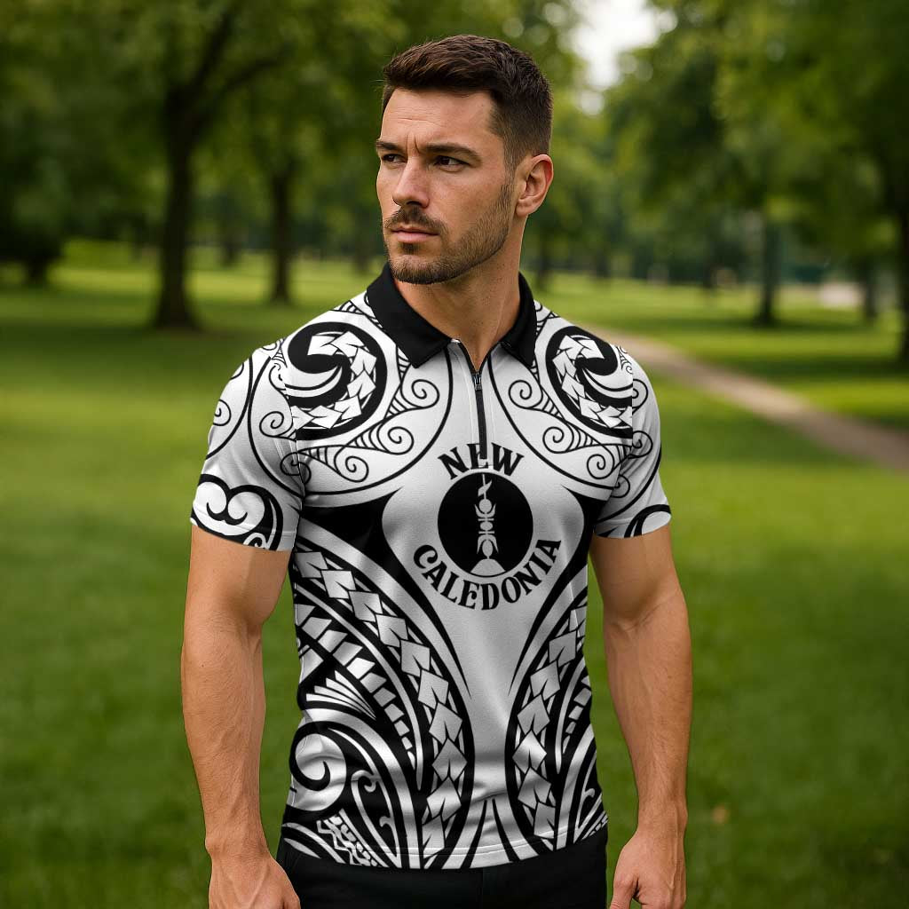 New Caledonia Day Zipper Polo Shirt Polynesian Curves White Color - Polynesian Pride