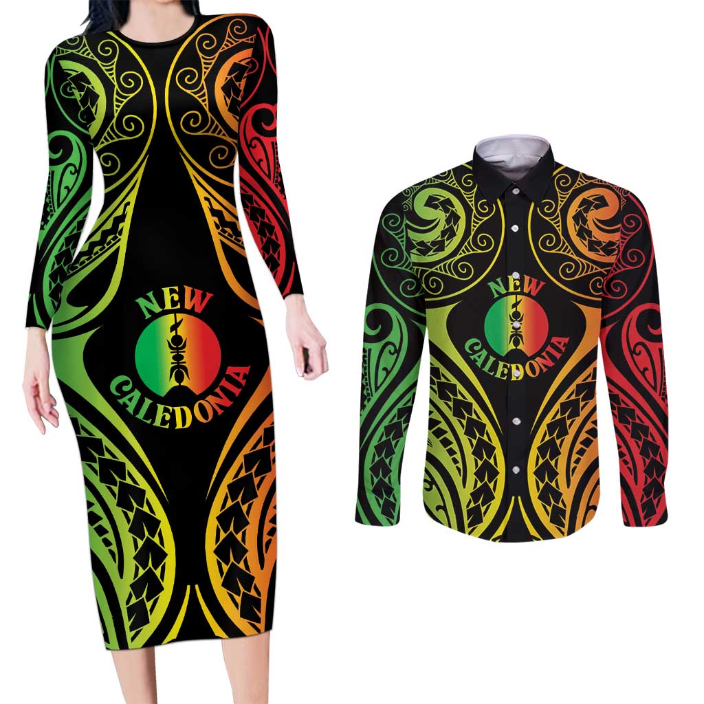 New Caledonia Day Couples Matching Long Sleeve Bodycon Dress and Long Sleeve Button Shirt Polynesian Curves Reggae Color - Polynesian Pride