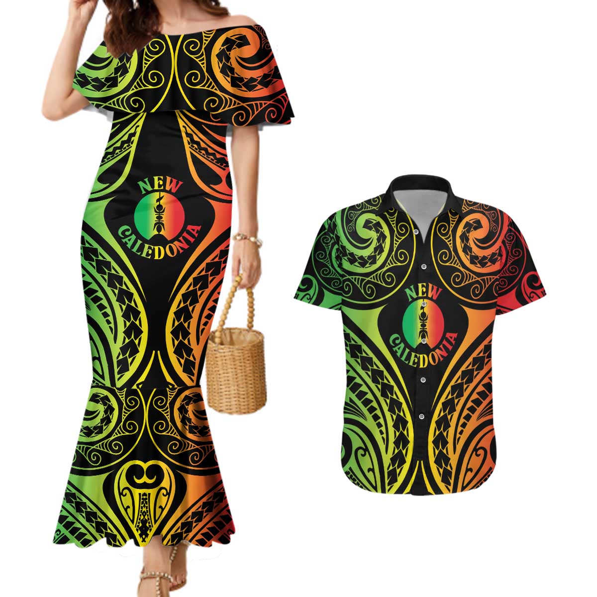 New Caledonia Day Couples Matching Mermaid Dress and Hawaiian Shirt Polynesian Curves Reggae Color - Polynesian Pride