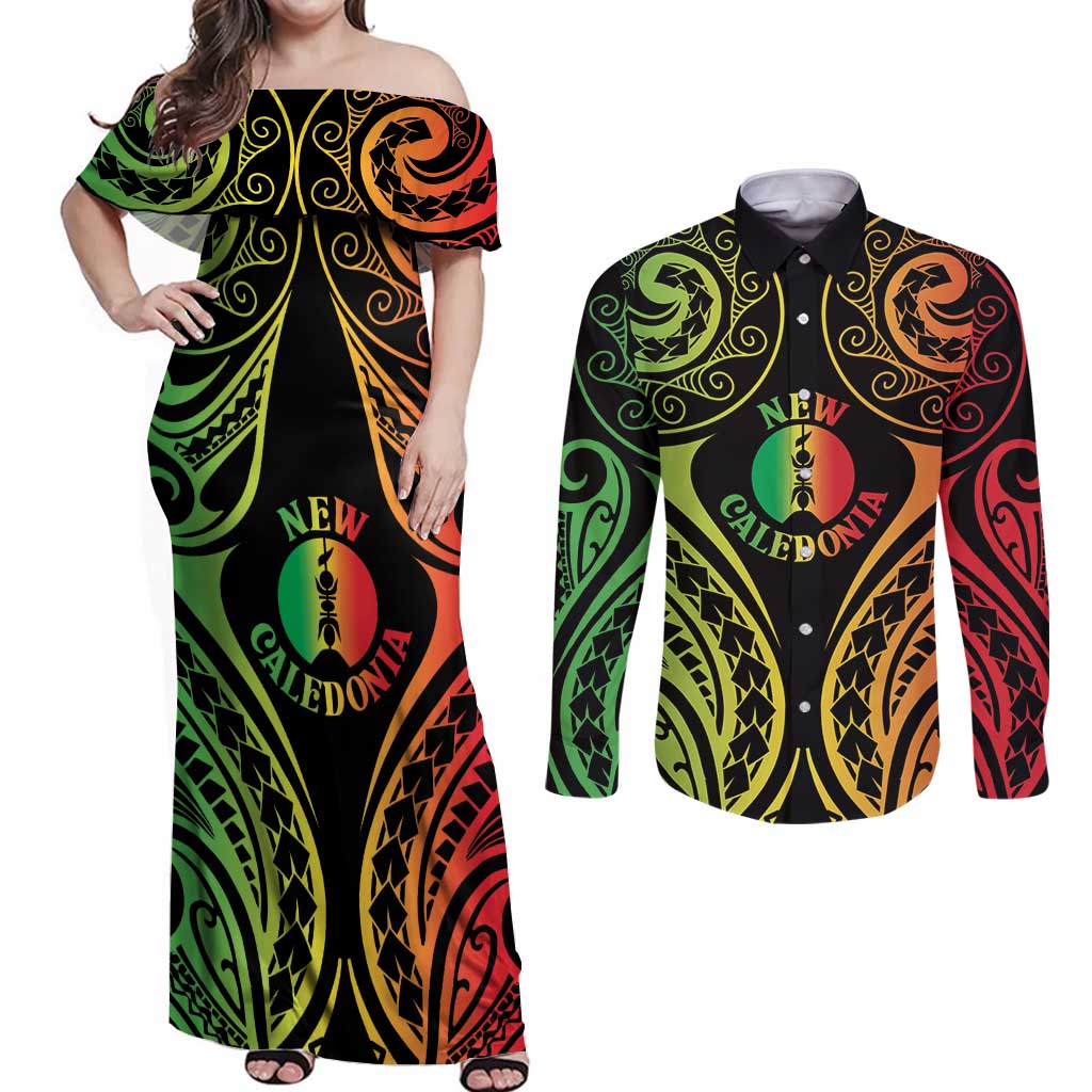 New Caledonia Day Couples Matching Off Shoulder Maxi Dress and Long Sleeve Button Shirt Polynesian Curves Reggae Color - Polynesian Pride