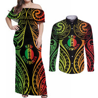 New Caledonia Day Couples Matching Off Shoulder Maxi Dress and Long Sleeve Button Shirt Polynesian Curves Reggae Color - Polynesian Pride