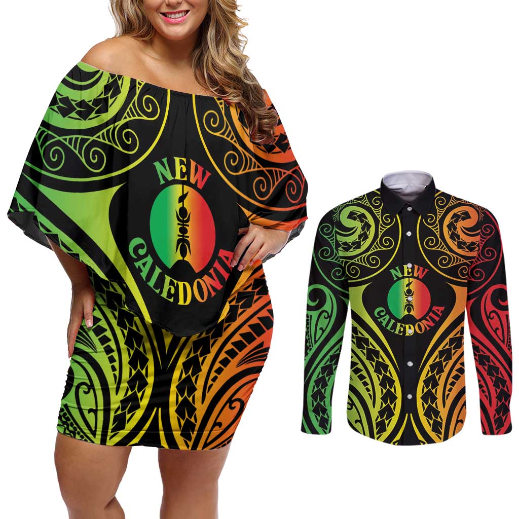 New Caledonia Day Couples Matching Off Shoulder Short Dress and Long Sleeve Button Shirt Polynesian Curves Reggae Color - Polynesian Pride