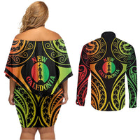 New Caledonia Day Couples Matching Off Shoulder Short Dress and Long Sleeve Button Shirt Polynesian Curves Reggae Color - Polynesian Pride