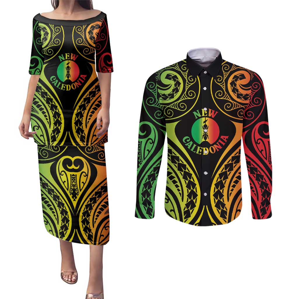 New Caledonia Day Couples Matching Puletasi and Long Sleeve Button Shirt Polynesian Curves Reggae Color - Polynesian Pride