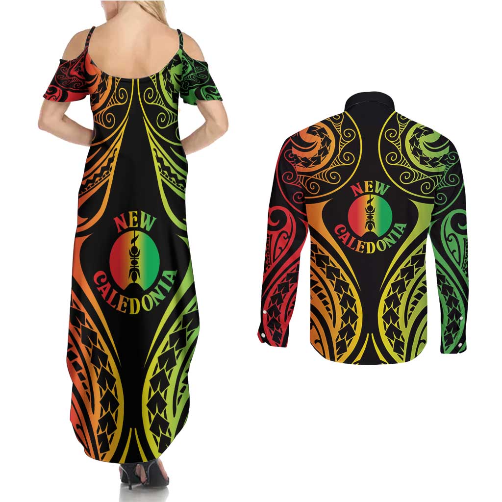 New Caledonia Day Couples Matching Summer Maxi Dress and Long Sleeve Button Shirt Polynesian Curves Reggae Color - Polynesian Pride
