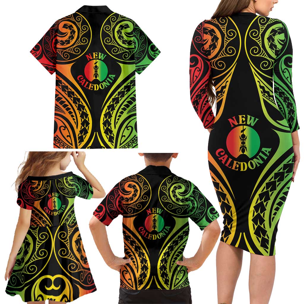 New Caledonia Day Family Matching Long Sleeve Bodycon Dress and Hawaiian Shirt Polynesian Curves Reggae Color - Polynesian Pride