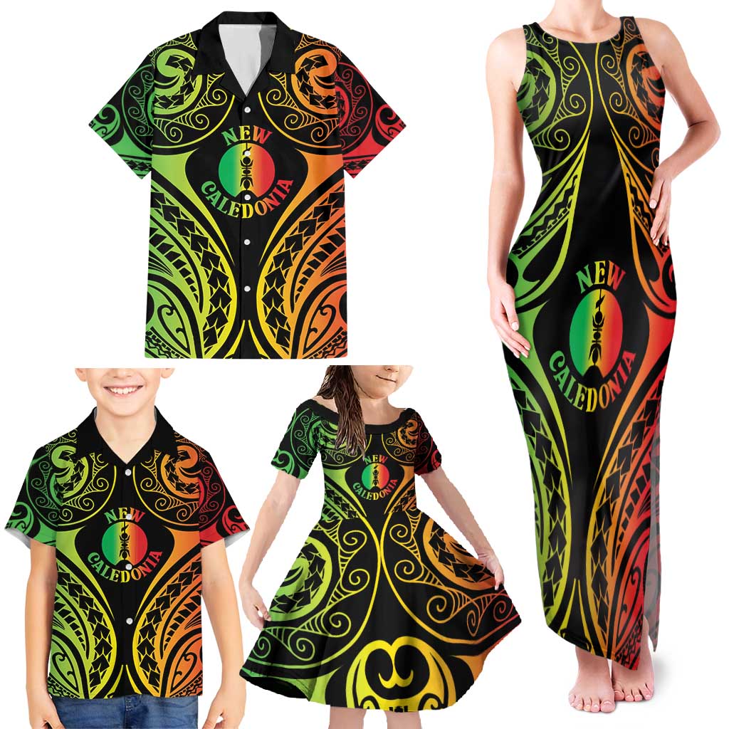 New Caledonia Day Family Matching Tank Maxi Dress and Hawaiian Shirt Polynesian Curves Reggae Color - Polynesian Pride