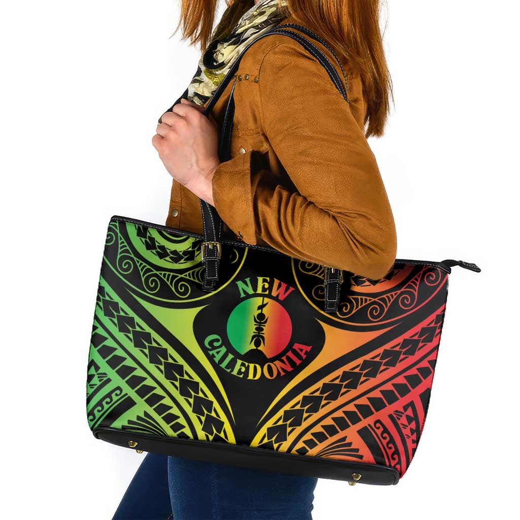 New Caledonia Day Leather Tote Bag Polynesian Curves Reggae Color - Polynesian Pride