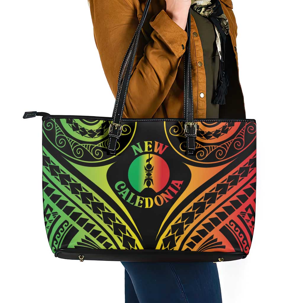 New Caledonia Day Leather Tote Bag Polynesian Curves Reggae Color - Polynesian Pride
