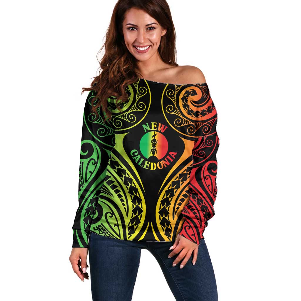 New Caledonia Day Off Shoulder Sweater Polynesian Curves Reggae Color - Polynesian Pride