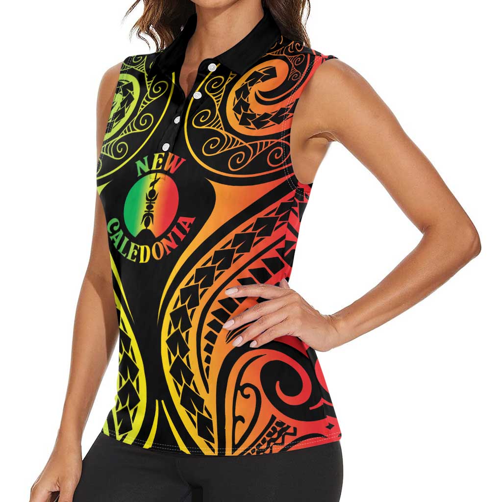 New Caledonia Day Women Sleeveless Polo Shirt Polynesian Curves Reggae Color - Polynesian Pride