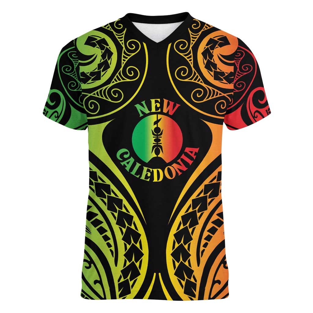 New Caledonia Day Women V-Neck T-Shirt Polynesian Curves Reggae Color - Polynesian Pride