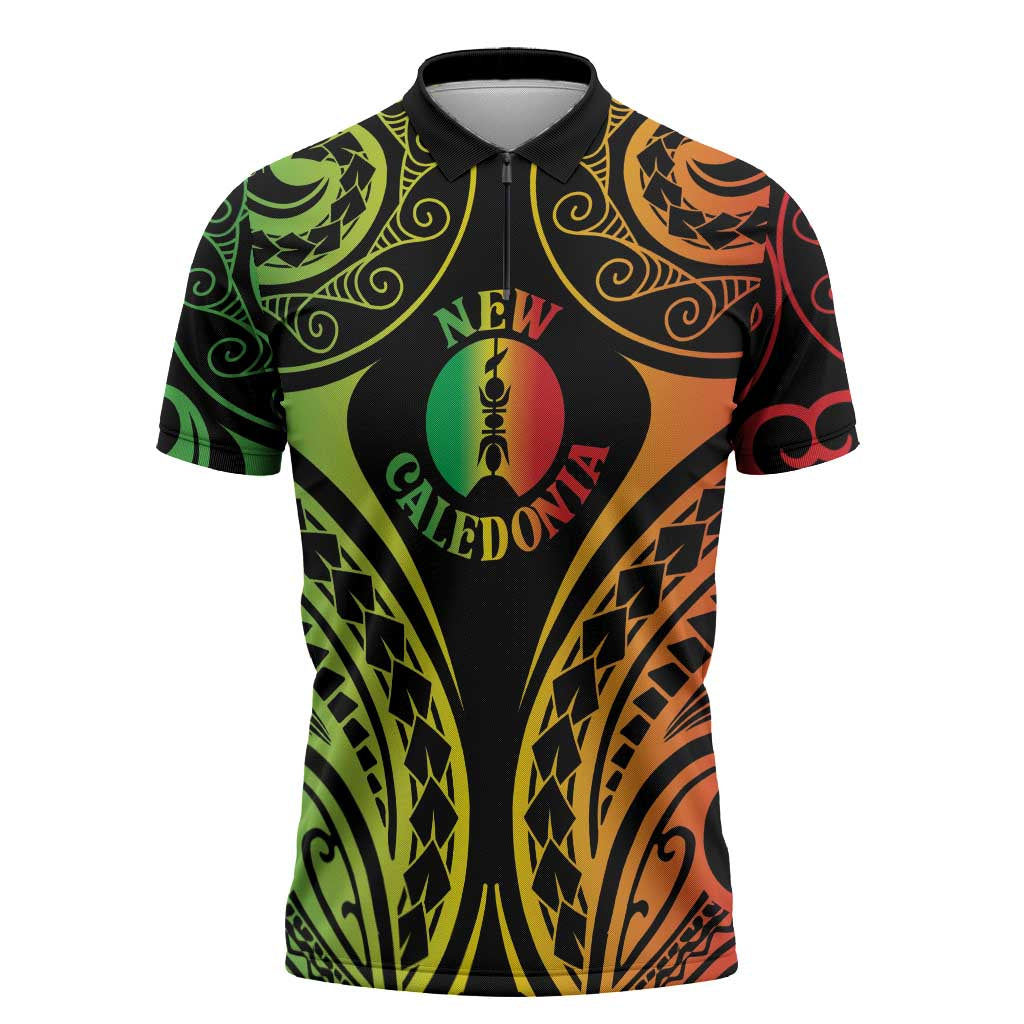 New Caledonia Day Zipper Polo Shirt Polynesian Curves Reggae Color - Polynesian Pride