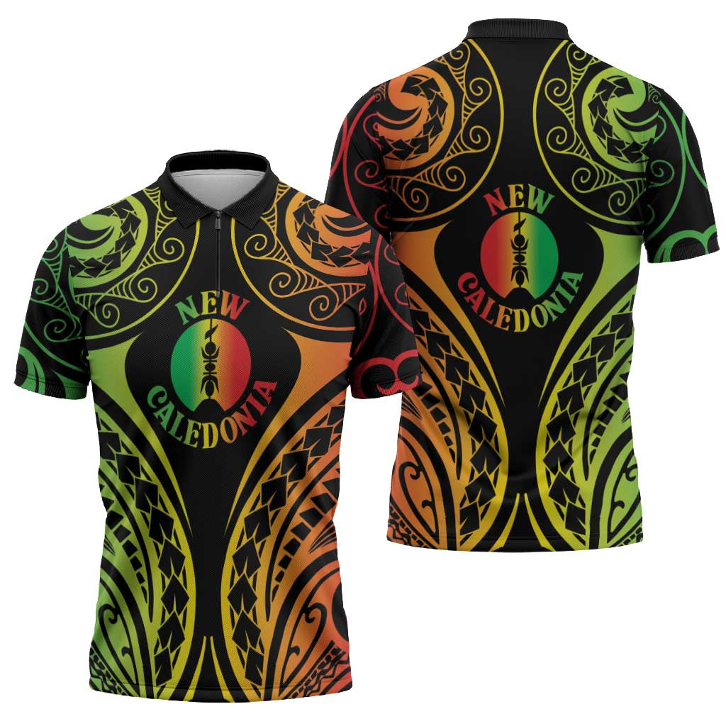 New Caledonia Day Zipper Polo Shirt Polynesian Curves Reggae Color - Polynesian Pride