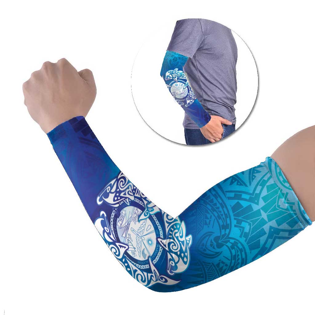Marshall Islands Manit Day Arm Sleeves Tribal Dolphin With Marshall Seal LT05 Set of 2 Blue - Polynesian Pride