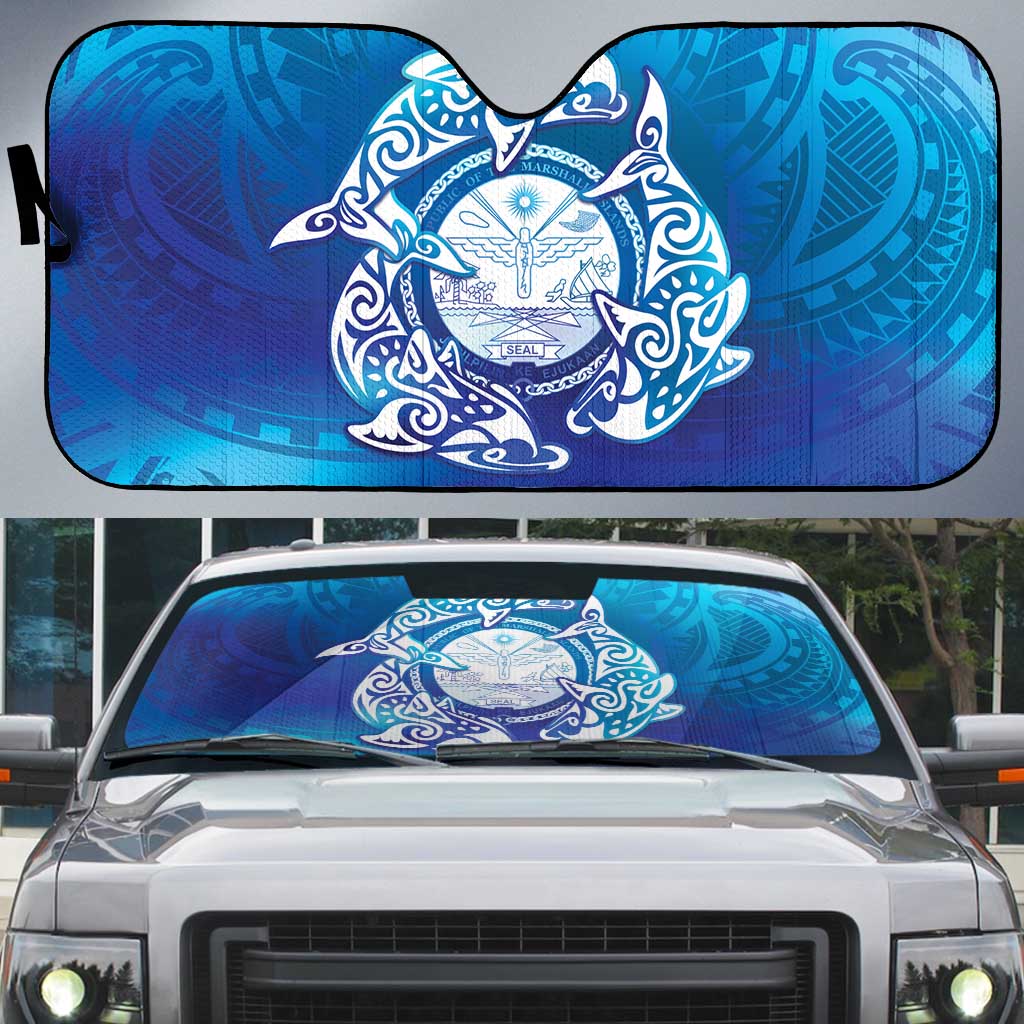 Marshall Islands Manit Day Auto Sun Shade Tribal Dolphin With Marshall Seal LT05 Blue - Polynesian Pride