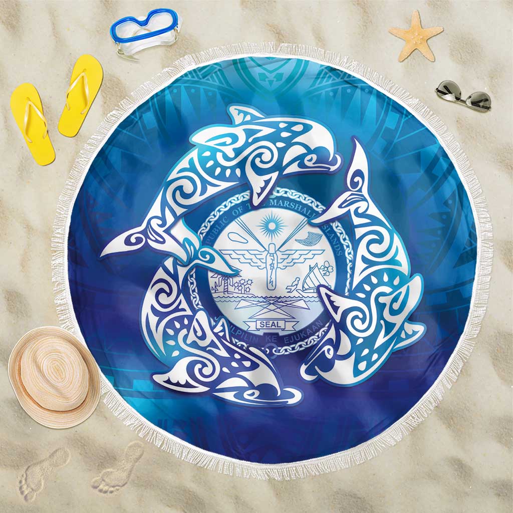 Marshall Islands Manit Day Beach Blanket Tribal Dolphin With Marshall Seal LT05 One Size 150cm Blue - Polynesian Pride