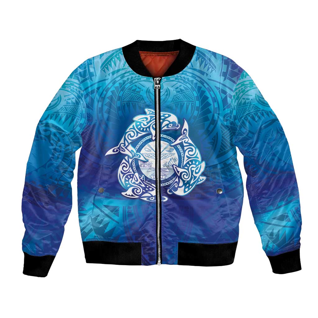 Marshall Islands Manit Day Bomber Jacket Tribal Dolphin With Marshall Seal - Polynesian Pride