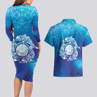 Marshall Islands Manit Day Couples Matching Long Sleeve Bodycon Dress and Hawaiian Shirt Tribal Dolphin With Marshall Seal - Polynesian Pride