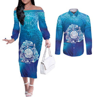 Marshall Islands Manit Day Couples Matching Off The Shoulder Long Sleeve Dress and Long Sleeve Button Shirt Tribal Dolphin With Marshall Seal LT05 Blue - Polynesian Pride