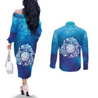 Marshall Islands Manit Day Couples Matching Off The Shoulder Long Sleeve Dress and Long Sleeve Button Shirt Tribal Dolphin With Marshall Seal LT05 - Polynesian Pride